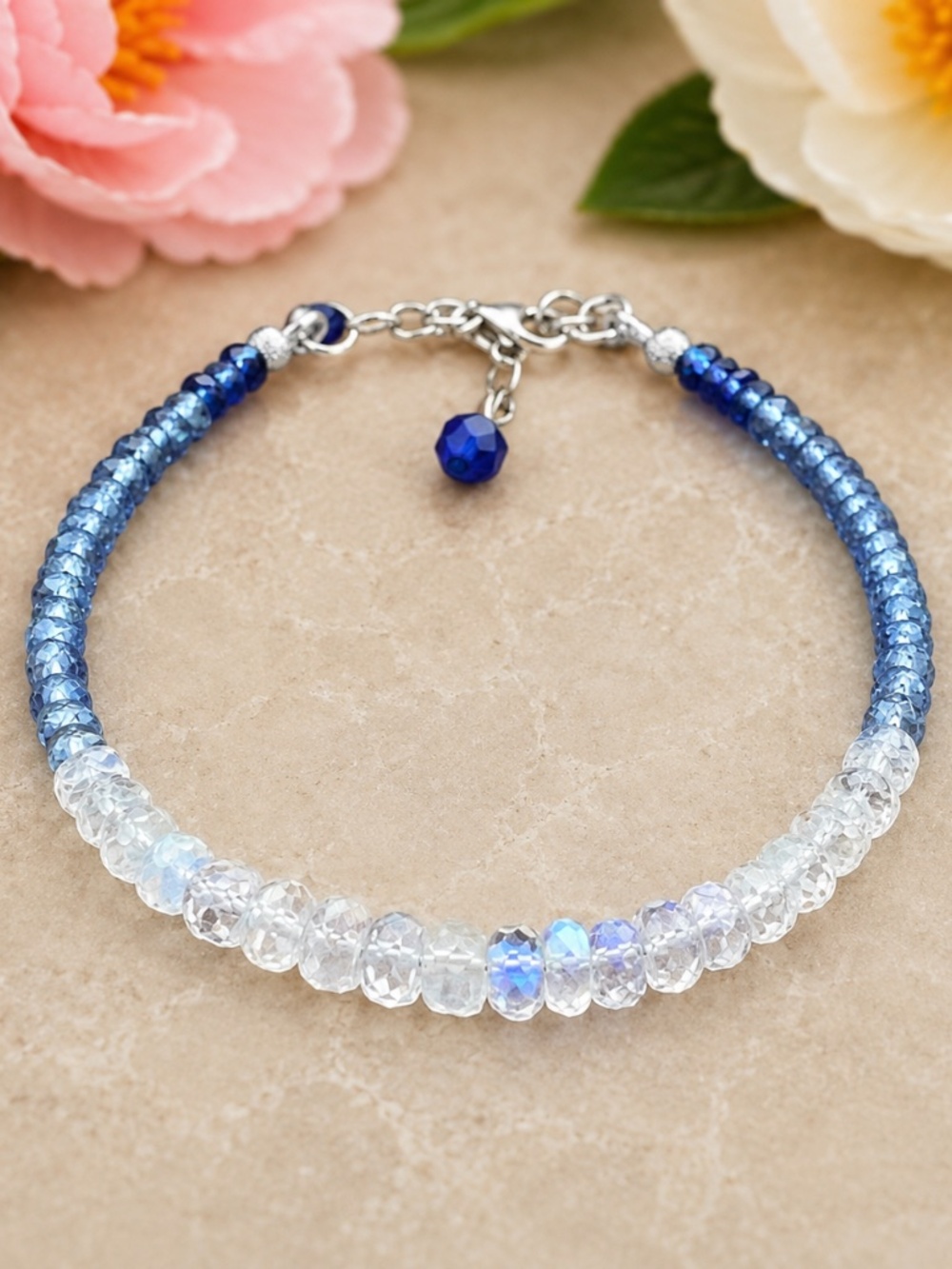 Solid 14K White Gold Natural Blue Sapphire, Moonstone Bracelet 7" - 7 2/3"